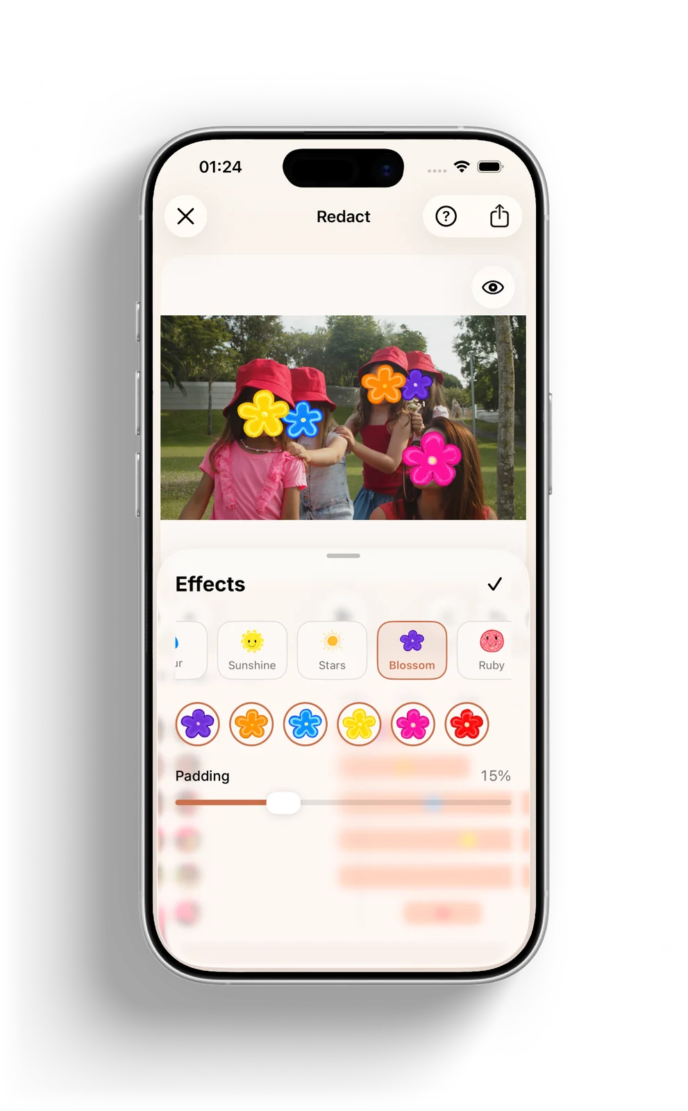 Redact on iPhone: the effect and sticker pack picker below the image