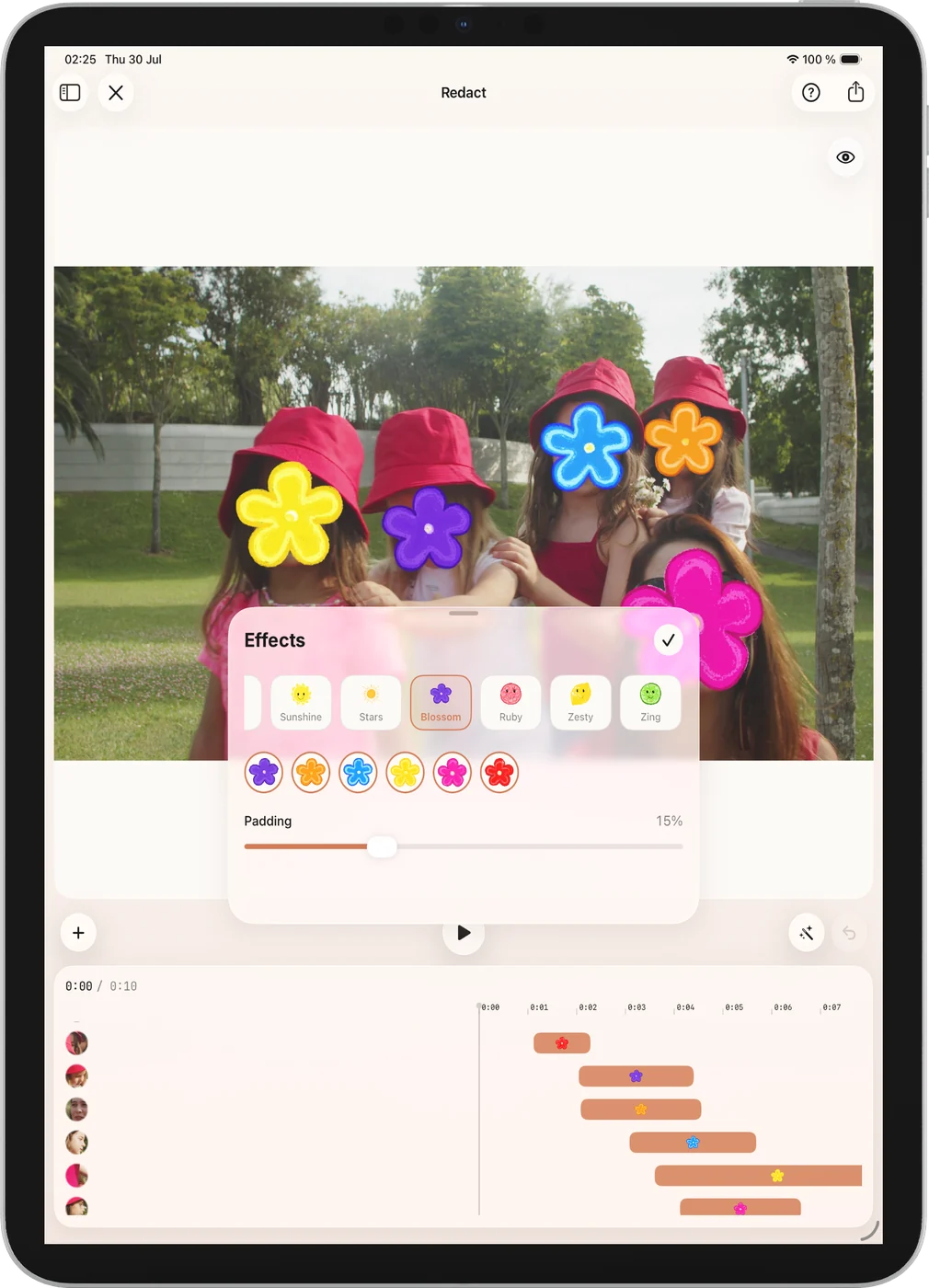 Redact on iPad: a video with its track timeline and the effect picker open
