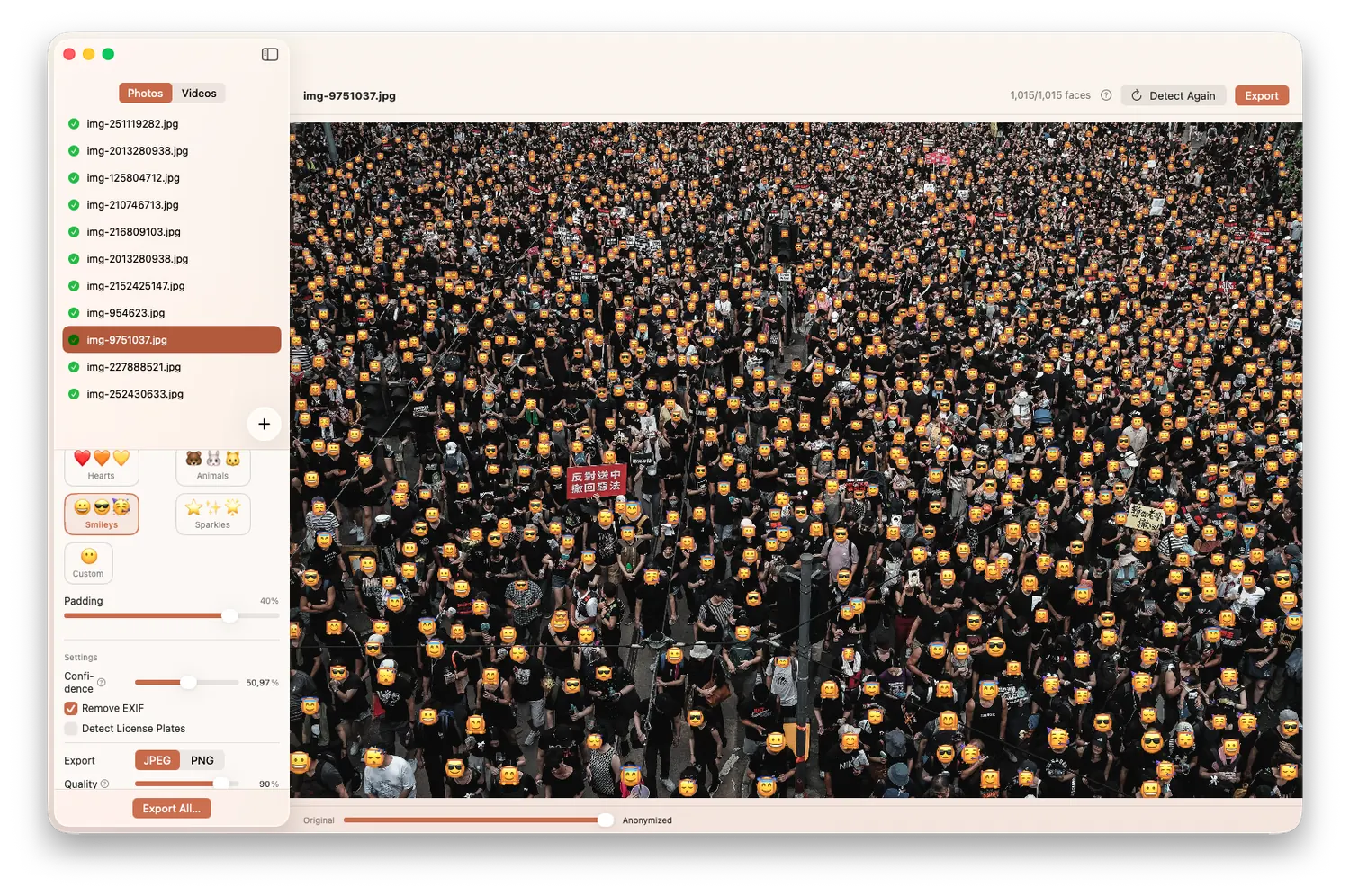 Redact on macOS with a densely packed concert crowd; the toolbar counter reads 1,015 of 1,015 faces detected