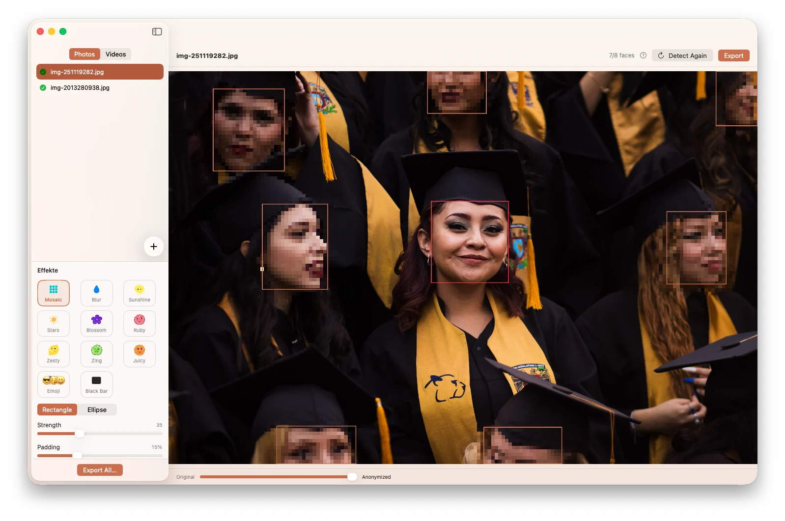 Redact on macOS: detected faces in a group photo, pixelated, with a slider for the before/after comparison