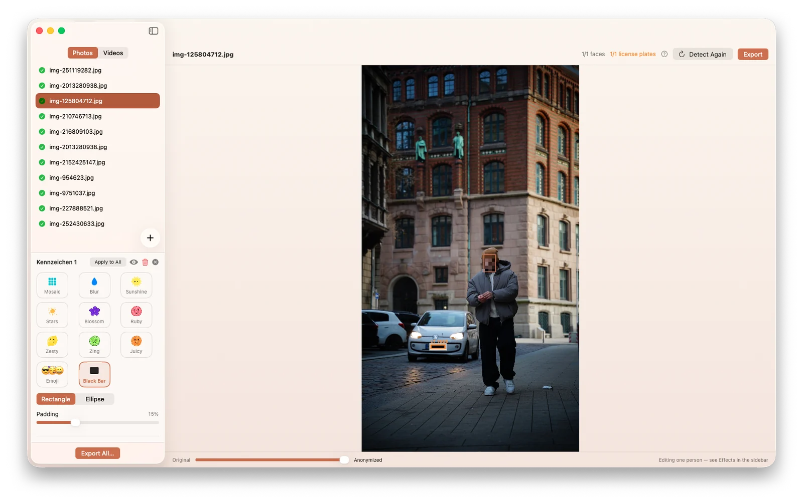 Redact on macOS showing a street scene with the face and the licence plate redacted