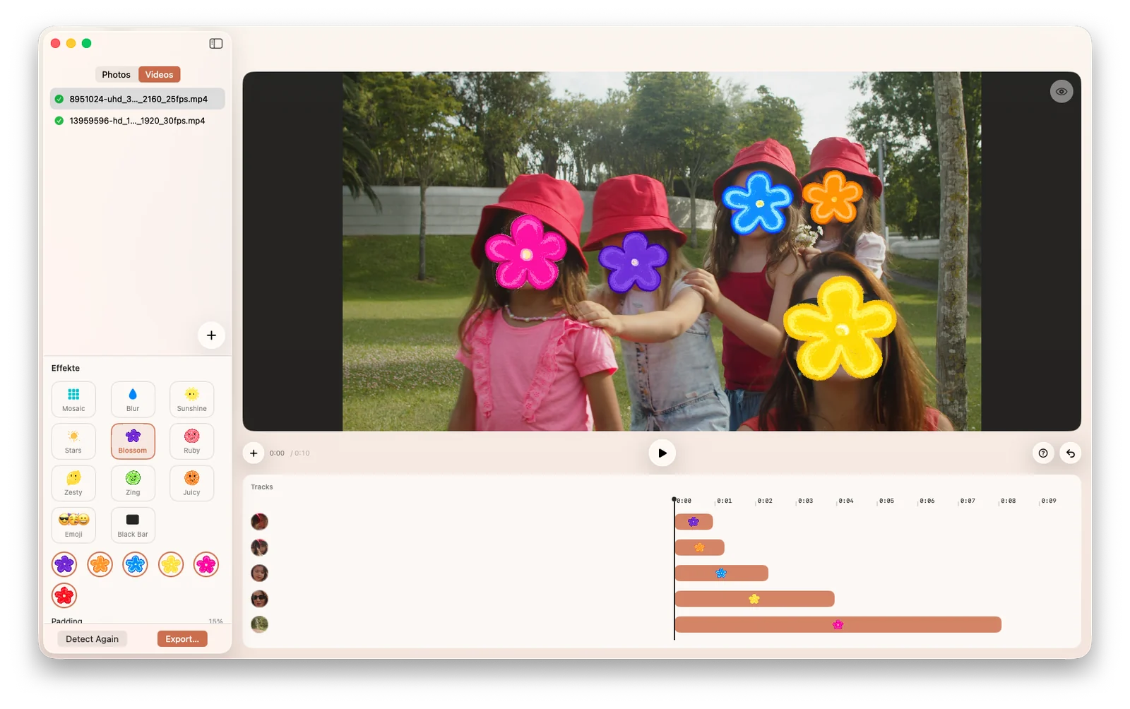 Redact's video tab on macOS with the track timeline; the children's faces are covered by flower stickers